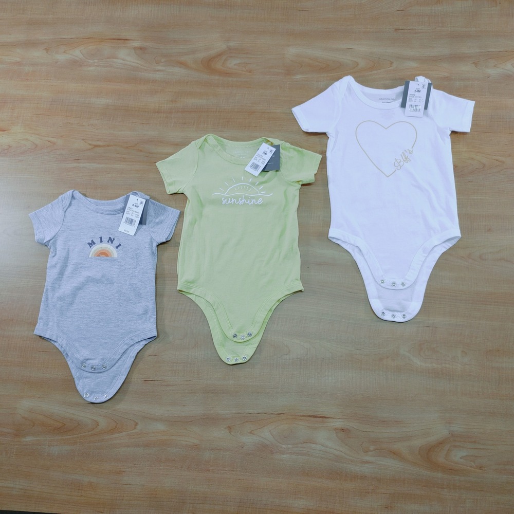 Grayson Mini Baby Bodysuit Bundle 3pc  Gray Yellow White 6-9M 18M 24M‎